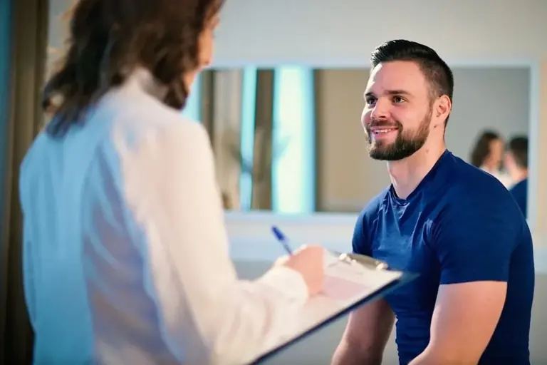 Gyógytornász jegyzetel, miközben egy mosolygó pácienssel beszélget