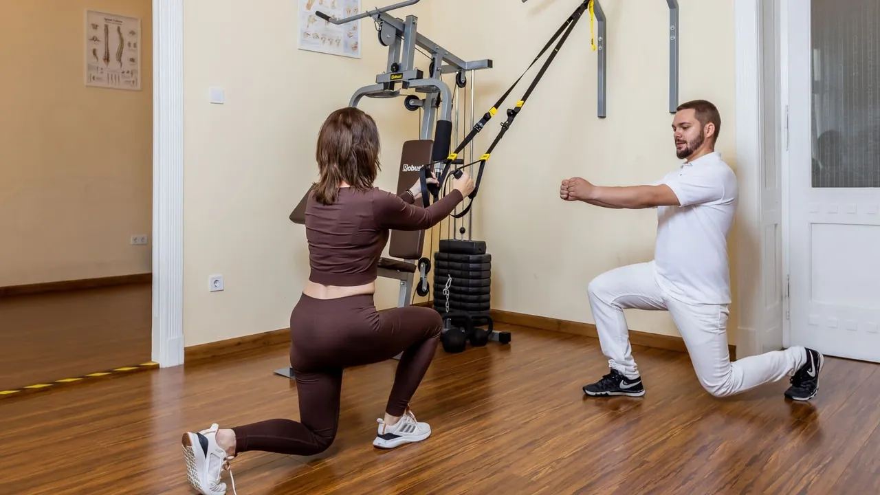 Páciens kitöréses gyakorlatot végez felfüggesztő hevederrel, a gyógytornász bemutatja a mozdulatot